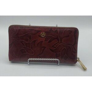 Valentina Genuine Embossed Floral Pattern Design Dark Red Leather Wallet Italy